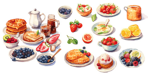 set of breakfasts watercolor vectors