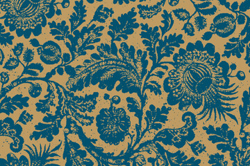 Floral Seamless Pattern. Plant Botanical Ornament. Dark Blue, Indigo, Navy Blue Foliage on Gold Background. Vector illustration. Vintage Wallpaper.