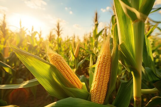 corn plants grown with a drip irrigation system. concept of nutrient-rich crops as raw materials for cooking and for animal husbandry. AI generated image