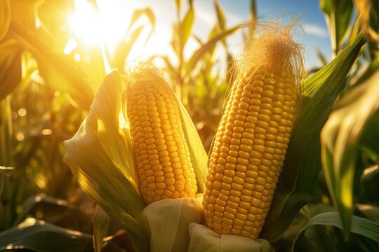 corn plants grown with a drip irrigation system. concept of nutrient-rich crops as raw materials for cooking and for animal husbandry. AI generated image