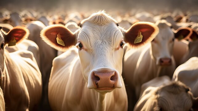 Limousin cow looking at the camera in a field. AI generated image