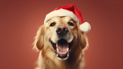 Smiling happy dog with christmas hat on brown background