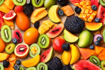 Design an image showcasing the vibrant and textured surface of a tropical fruit salad. 