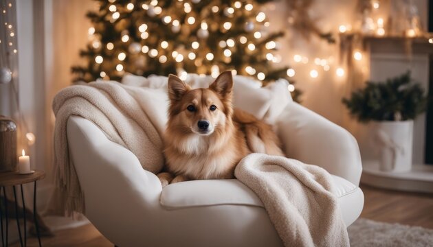 Ivory snuggle chair with fur plush blanket near decorated christmas tree. Hygge new year winter holiday