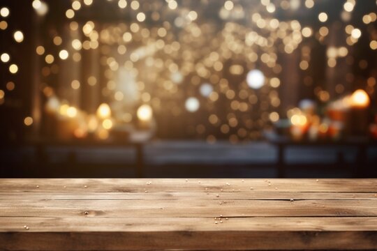 Empty wooden table with bokeh Christmas,backgroung