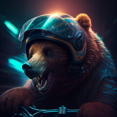 bear in a cap with bike and light effect bb - obrazy, fototapety, plakaty