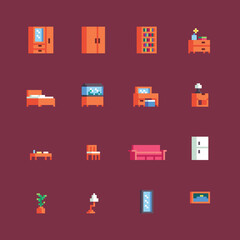 Interior furniture pixel art collection set, 16 bit pixel art, with wooden closet, bed, wooden chair, fridge, sofa, wooden table, lamp, bookshelf, vector illustration isolated on background.
