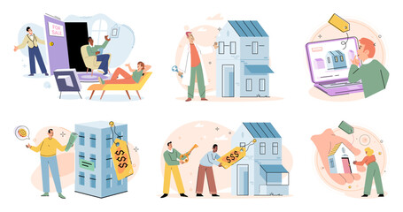 Naklejka premium Real estate search. Vector illustration Buyers utilized real estate search concept to explore listings in their desired area People looking for home considered neighborhoods safety and amenities