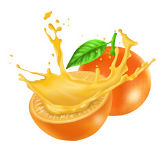 Orange juice crown splash with ripples. On transparent background.