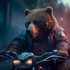 brown bear in the bike wearing a jacket with blur bg Generative AI