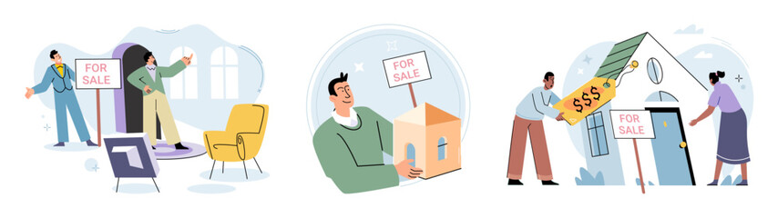 Real estate search. Vector illustration Investing in house through buying offered long-term stability The property with mortgage provided individuals with place to call home Buyers considered
