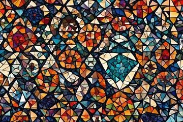 Generate an image showcasing the intricate details of a mosaic texture, combining vibrant hues to form a visually pleasing and harmonious pattern. 