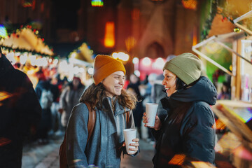 Two happy young women friends with mulled wine stands walking at a Christmas market in a European...