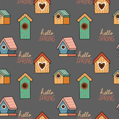 seamless pattern with bird and birdhouse. vector illustration.