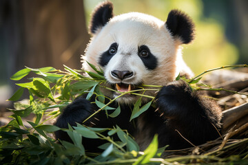 A panda chewing on  bamboo, natural florest. Generative Ai