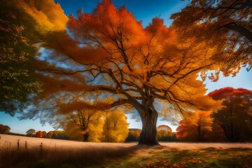 A radiant autumn tree standing tall in a meadow under a brilliant blue sky, leaves ablaze with hues of orange and red, a gentle breeze causing the foliage to shimmer