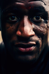 gros plan d'un joueur de rugby en sueur le visage marqué de coups après un match