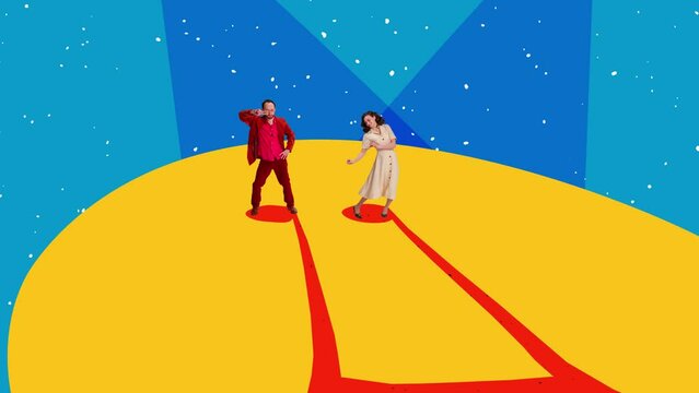 Retro dance. Couple of dancers dressed in 70s, 80s fashion style dancing rock-and-roll on bright background with drawings. Minimalism. Art, fashion and music. Magazine style. Stop motion, animation.