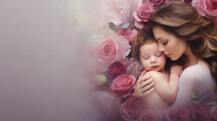 Obraz na płótnie Canvas Happy mother and daughter with flowers over floral background, mothers day concept. Copy space.