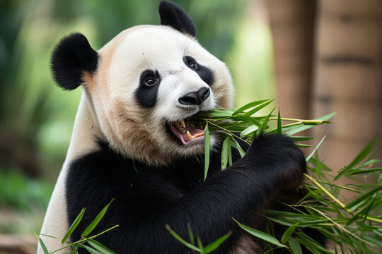 A panda chewing on  bamboo, natural florest. Generative Ai