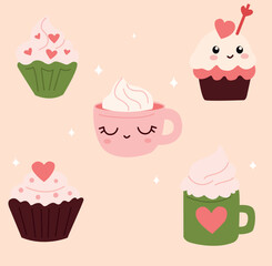 set of cups and cakes. cartoon cups and cakes. Design element for postcards, posters, banners and other purposes