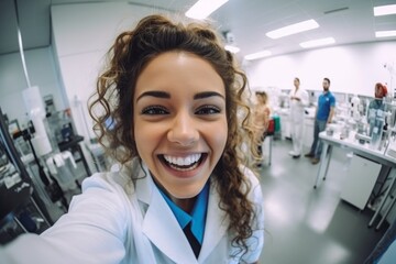 Obraz premium Girl laboratory assistant takes a selfie in the laboratory
