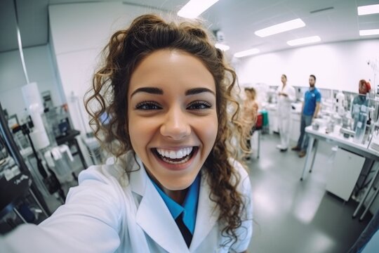 Girl laboratory assistant takes a selfie in the laboratory