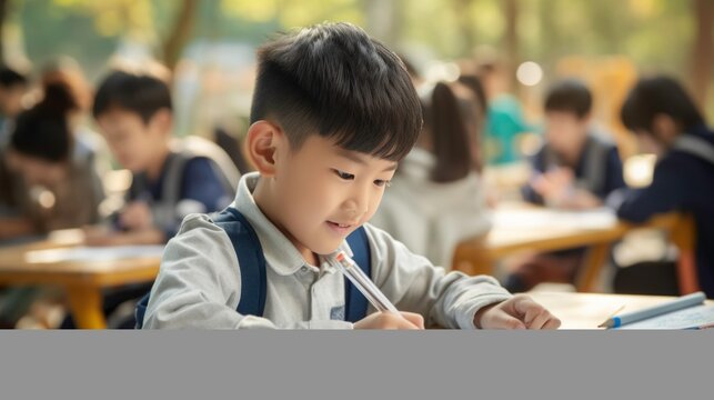 Studying, Education, Learning: Male and Female Students in Classroom, Asian School Children Sitting at Desk, Writing in Notebooks with Pencils.