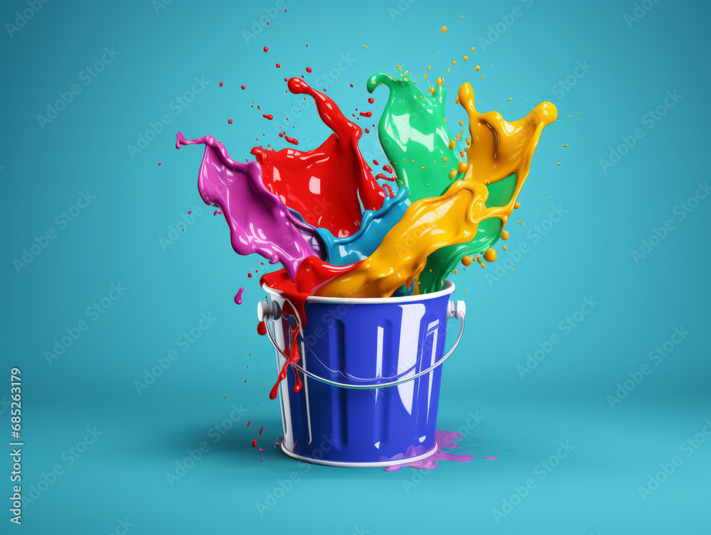 Canvas Prints Illustration of a blue bucket dropped on the floor splashing vibrant colours all over the place.