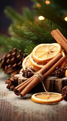 Obraz na płótnie Canvas A cozy winter arrangement of cinnamon sticks and dried citrus slices. Vertically oriented. 