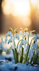 Winter sun casting a glow on a bed of pale blue snowdrops and silver leaves on an ivory background. Vertically oriented. 