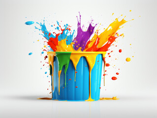 Fototapeta na wymiar Illustration of a blue bucket dropped on the floor splashing vibrant colours all over the place.