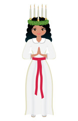 Cute traditional Saint Lucia child, girl. Celebration 13 december. Isolated. Vector illustration.
