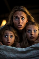 mother with her daughters watching movies with an expression of fear and surprise