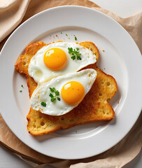 Fried eggs on a white plate with toast and herbs. Traditional delicious breakfast