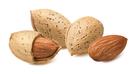 Almond nuts peeled and in shells isolated on white background. Horizontal layout