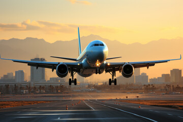 Fototapeta na wymiar A plane taking off from an airport. Generative Ai