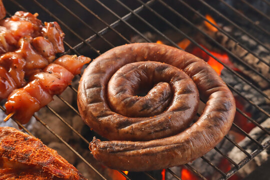 sausages on the grill. South African braai with boerewors 