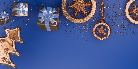 Merry Christmas greeting 3d illustration with golden glitters and snowflakes. Space for text. Template background.