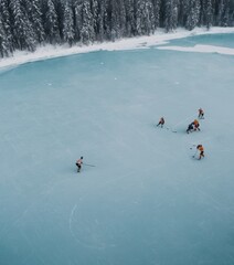 Aerial view of a group of people playing ice hockey on a frozen lake surrounded by snow-covered trees.