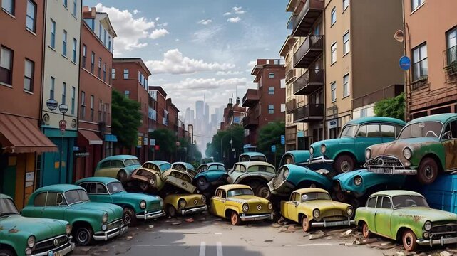 dump of old cars on a city street