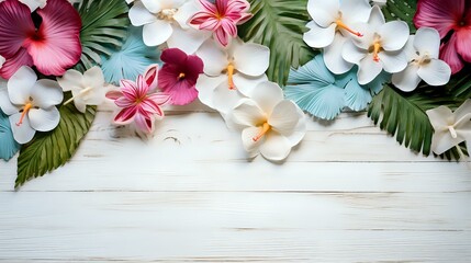 tropical flowers and foliage on white wood background - copy space