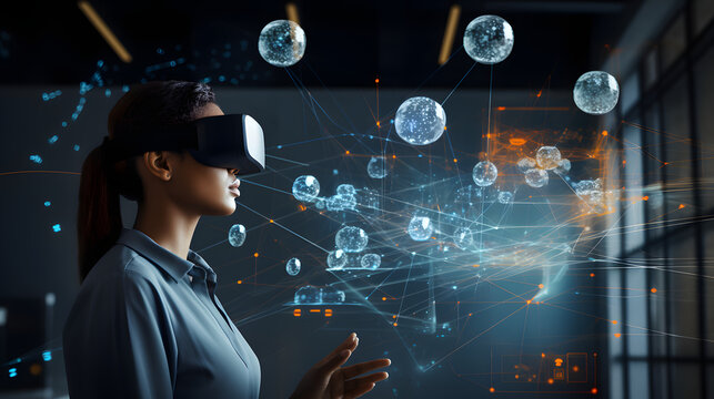 A person with a VR headset interacting with virtual data and analytics symbolizing modern business analysis.