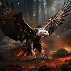Fototapeta premium A picture of Beautiful image of a bald eagle animal with fire flame ready for hunting. Generative AI