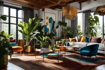 An eclectic modern home interior with a fusion of styles, mixing vibrant colors, bold patterns, and unique art pieces, the environment adorned with plants, quirky furniture