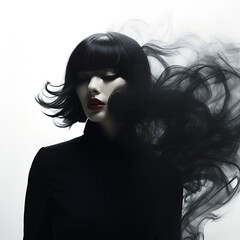 Fototapeta premium Girl in Smoke .Girl in black clothes in black smoke on white background