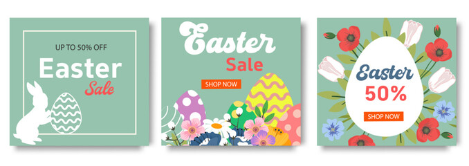 Naklejka premium Set of trendy minimal Easter Sale posters with Color Painted Egg, Spring Flower and Rabbit. Spring background, cover, sale banner, flyer design. Template for advertising, web, social media