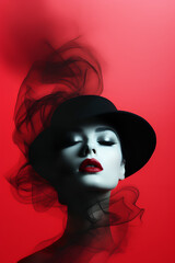 Girl in Smoke . Fashionable girl in a hat. on a red background