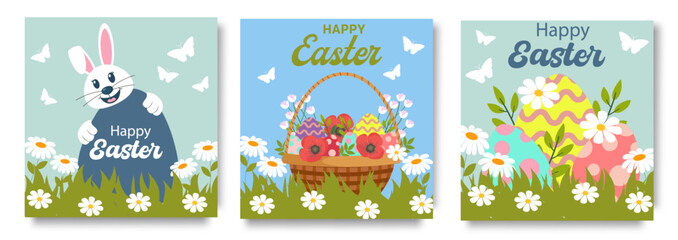 Happy Easter. Congratulatory easter background. Spring holiday poster set. Vector design of spring elements for greeting card, cover, social media post