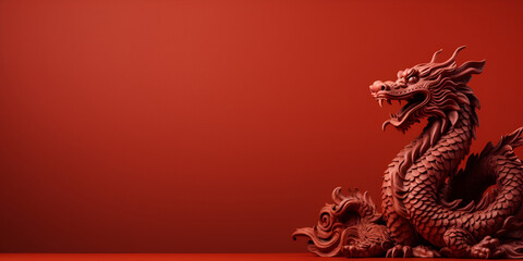 Dragon on a red background. Wooden dragon. Chinese New Year. background. copy space. 2024 chinese...